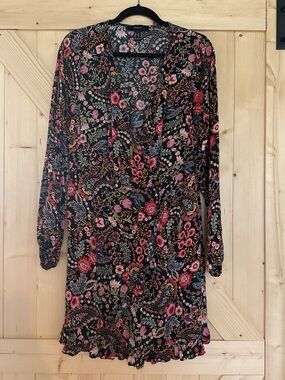 Forever 21 Black Long-Sleeve Floral Wrap Dress with Pink and Blue Accents